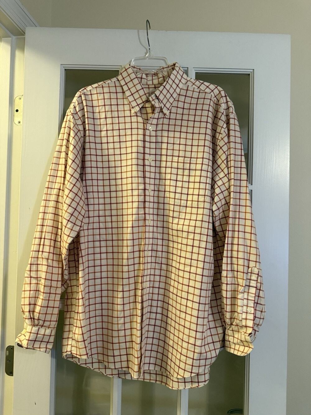 Brooks Brothers Button Down Dress Shirt Size LG Pastel Orange/White Plaid